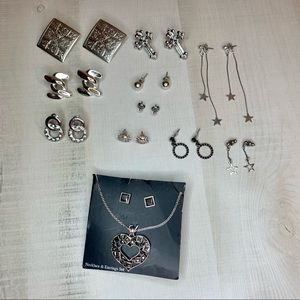 Lot of 11 Stud & Dangle Silver & Gunmetal Earrings + Bonus Heart Necklace